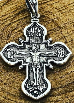 Серебряный крест с распятием  казанская икона божей матери. молитва да воскреснет бог1 фото