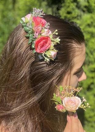 Весільний комплект прикрас,шпилька з квітами для волосся,весільна бутоньєрка з квітами7 фото