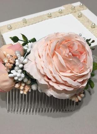 Гребінець з квітами,весільна прикраса для волосся з кремовими трояндами,красива шпилька з квітами4 фото