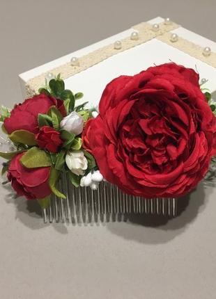 Гребешок с красными розами,заколка с красными розами,гребень с цветами5 фото
