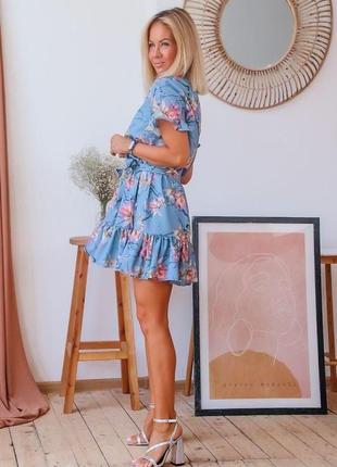 Платье женское летнее голубое, цветочный принт m,l5 фото