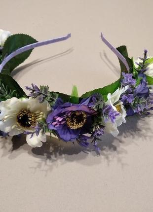 Обруч з фіолетовими квітами, обруч в українському стилі, ободок з волошками2 фото