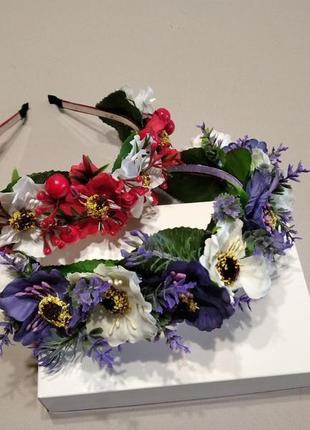 Обруч з фіолетовими квітами, обруч в українському стилі, ободок з волошками4 фото