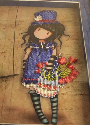 Картина з серії "gorjuss" синя дівчина з кошиком тюльпанів4 фото