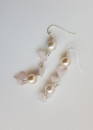 Сережки з рожевим кварцом і перлинами майоріка (majorica)