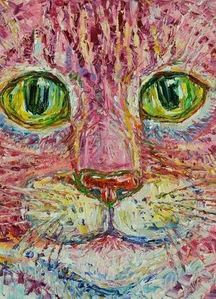 Картина маслом "розовый кот" портрет кота, ручная работа, картина на холсте,1 фото