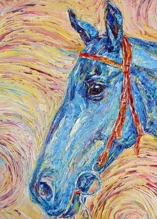 Картина маслом "лошадь в закате" ручная работа, мотивы ван гога, голубой конь, розовый закат,2 фото