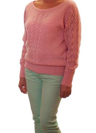 Вязаный свитер с ажуром и жгутами1 фото