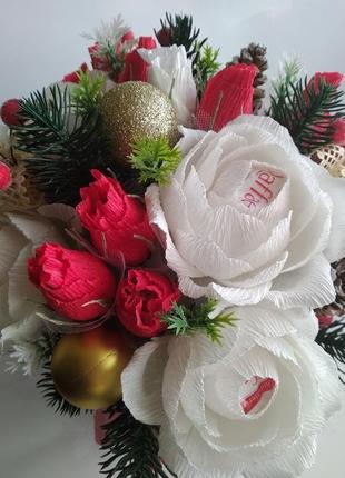 Новогодний букет из конфет "белые розы"2 фото