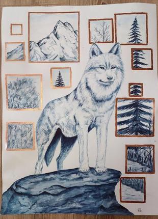 Картина акварелью "волк"