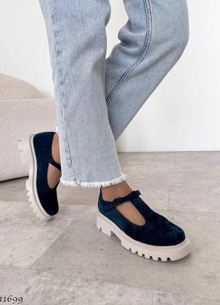 Туфлі лофери з застібкою темно сині натуральні3 фото