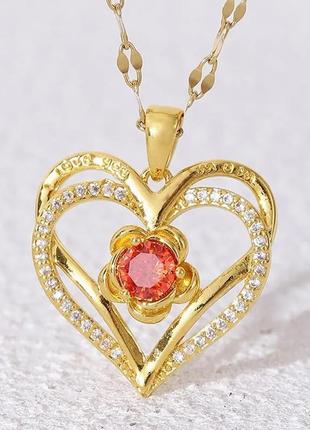 Женский кулон подвеска на цепочке два сердца с цветком и красным камнем фианитом золотистый1 фото