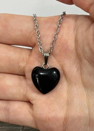 Натуральний камінь чорний агат кулон у формі міні сердечка на шнурочку - оригінальний подарунок дівчині10 фото