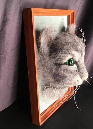 Объёмная картина в технике сухого валяния серый кот4 фото