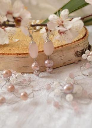 Весільний обідок, гілочка з лілового перлів і рожевого кварцу 'кассіопея'4 фото