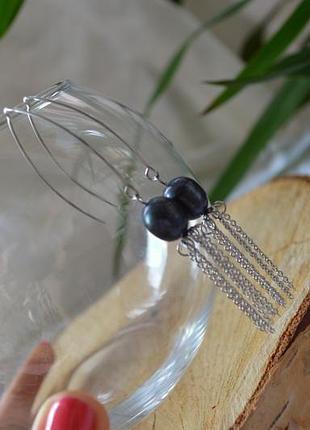 Серьги стальные с черным жемчугом ′ночная гроза′