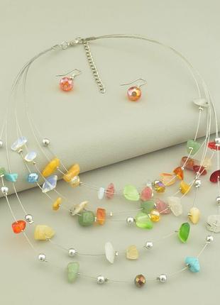 Ожерелье серьги разноцветные самоцветы на струне, длина 44 см.1 фото