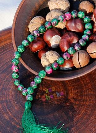 Чотки в авто, чотки цоизит, чотки з "цоизита" на 33 намистини 10 мм із зеленим пензликом