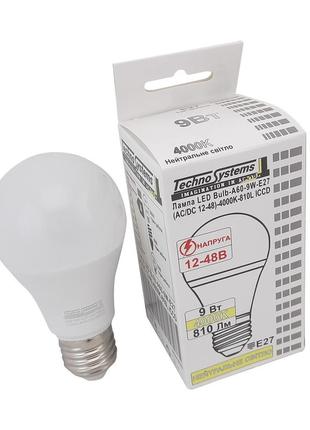 Лампа светодиодная led bulb-a60-9w-e27-(ac/dc 12-48v)-4000k-810l iccd