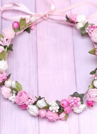 Ніжний біло-рожевий вінок віночок для волосся з квітами2 фото
