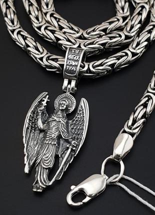 Толстая мужская серебряная цепочка лисий хвост и освященный кулон подвес архангел михаил 925. длина 55 см8 фото