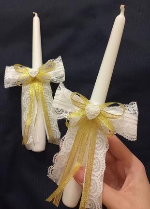 Золотистые венчальные свечи для свадьбы, крещения, причастия3 фото