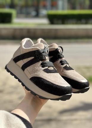 Замшевые кроссовки из натуральной кожи, черно-бежевого цвета, 36-41 размер