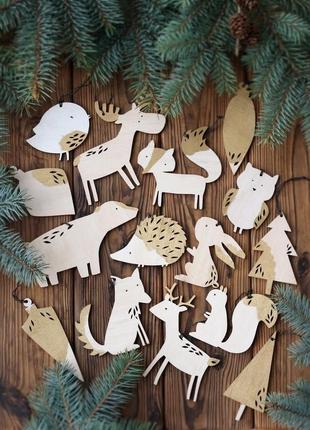 Набор игрушек на целую елку "forest animals" из дерева2 фото