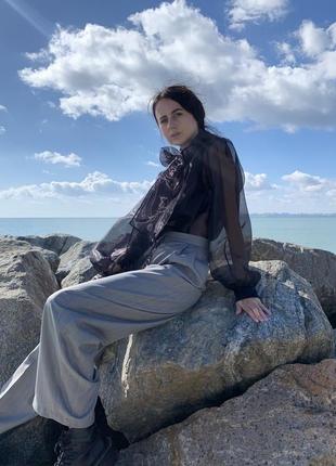 Черная блузка из органзы, элегантная блузка, прозрачная блузка