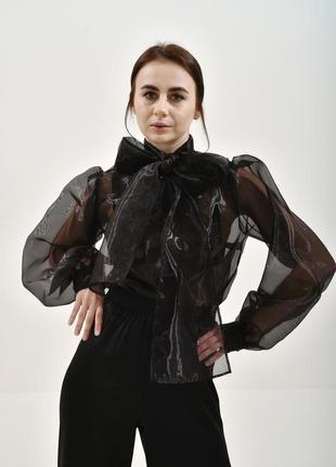 Черная блузка из органзы, элегантная блузка, прозрачная блузка9 фото