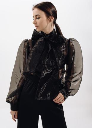 Черная блузка из органзы, элегантная блузка, прозрачная блузка8 фото
