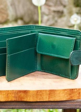 Темно-зелений гаманець на 9 відділів з натуральної шкіри з орнаментом тисненням чцмацький шлях4 фото