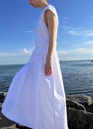 Біла літня бавовняна сукня міді а-силуету. літня богемна сукня міді6 фото