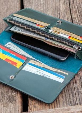 Зручний довгий шкіряний гаманець жіночий з орнаментом тиснення темно-бірюзовий5 фото