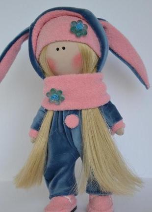 Текстильна інтер'єрна лялька ручної роботи,тыквоголовка, лялька в подарунок,лялька зайчик