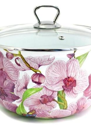 Кастрюля эмалированная с крышкой стекло interos орхидея 3,1л 18см