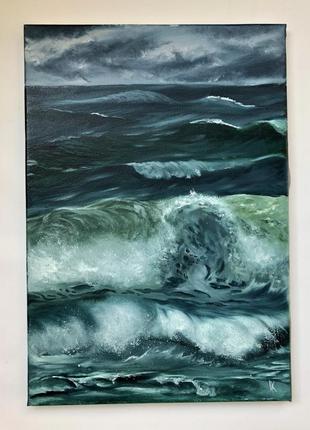 Картина маслом на полотні "бурхливі хвилі і небеса" 35х50 см1 фото