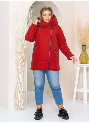Куртка зимняя женская с капюшоном батал nobilitas 50 - 56 красная плащевка (мод. 21040)2 фото