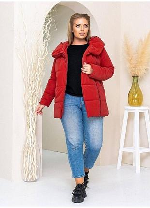 Куртка зимняя женская с капюшоном батал nobilitas 50 - 56 красная плащевка (мод. 21040)