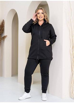 Спортивний костюм жіночий теплий батал nobilitas 48 - 58 чорний трикотаж на флісі (мод. 21041)