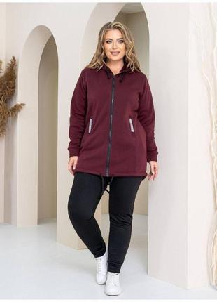 Спортивний костюм жіночий теплий батал nobilitas 48 - 58 бордо чорний трикотаж на флісі (мод. 21041)