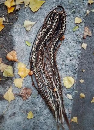 Афрорезинка коричнева для костюму вікінга, афрокоси на резинці шатенка перука шиньйон довгий хвіст4 фото