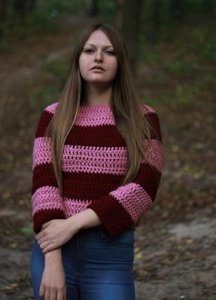 Укорочений зимовий пуловер з товстої пряжі1 фото