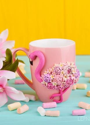 Чашка фламинго декор из полимерной глины