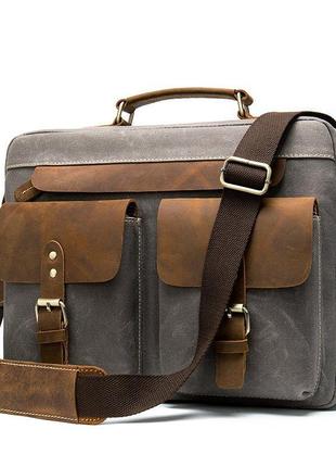 Сумка-портфель мужская текстильная с кожаными вставками vintage 20001 cерая3 фото