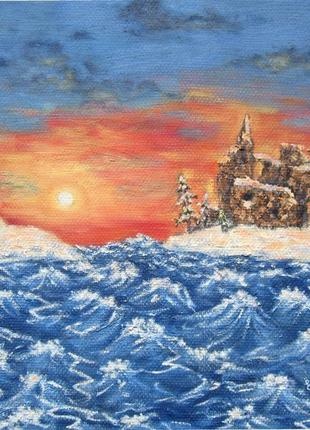 Картина маслом захід сонця над замком