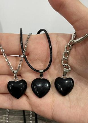 Натуральный камень чёрный агат кулон в форме мини сердечка на брелке - оригинальный подарок девушке3 фото