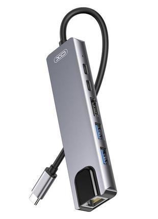 Hub xo hub013 type-c |type-c to hdmi+pd*2+usb*2+lan 6 in 1 silver1 фото