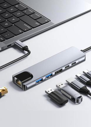 Hub xo hub013 type-c |type-c to hdmi+pd*2+usb*2+lan 6 in 1 silver3 фото