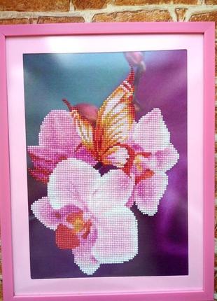 Алмазна живопис,алмазна мозаїка стразами,орхідея з метеликом,5d,diamond picture orchid hand made3 фото